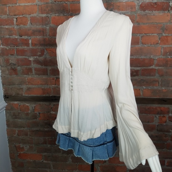 Free People Women's Top Beige Long Trumpet Sleeves - Picture 3 of 7